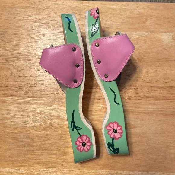 Dr Scholls Hand Painted Pink Patent Leather Wooden Exercise Sandals Vintage 70’s - Picture 2 of 9